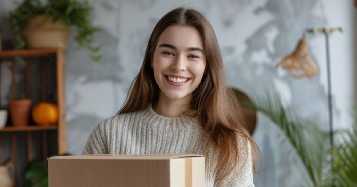 A smiling customer holding a parcel