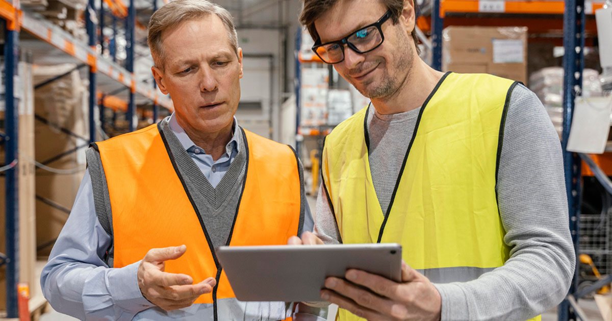 Two warehouse workers looking at a tablet