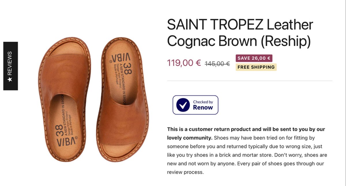 VIBAe leather sandals resold as a customer return, Checked by Renow