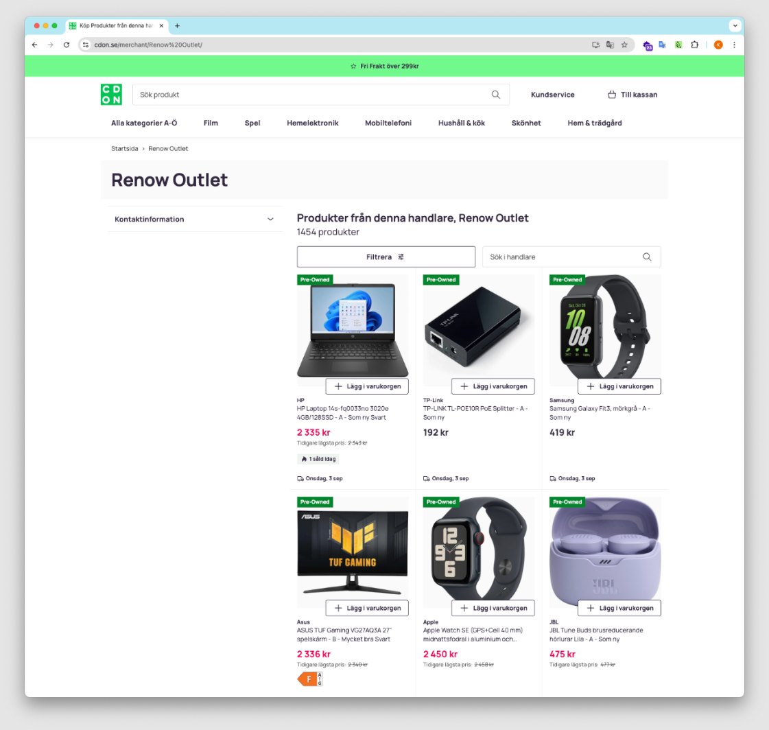 Renow Outlet store page on the CDON marketplace