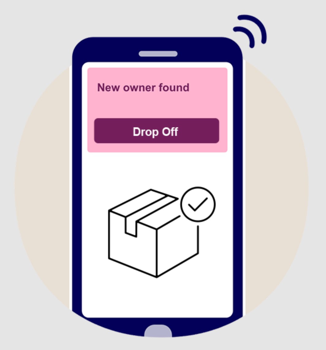 Phone showing New owner found with a Drop Off button