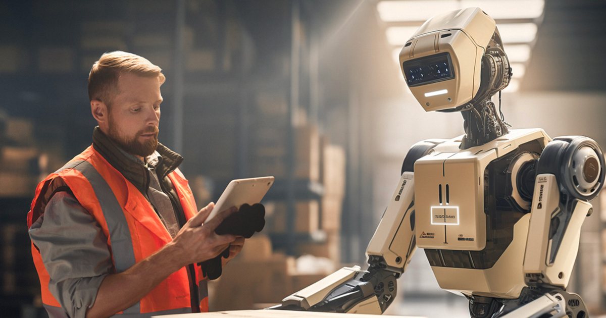 A warehouse worker with a tablet next to a robot